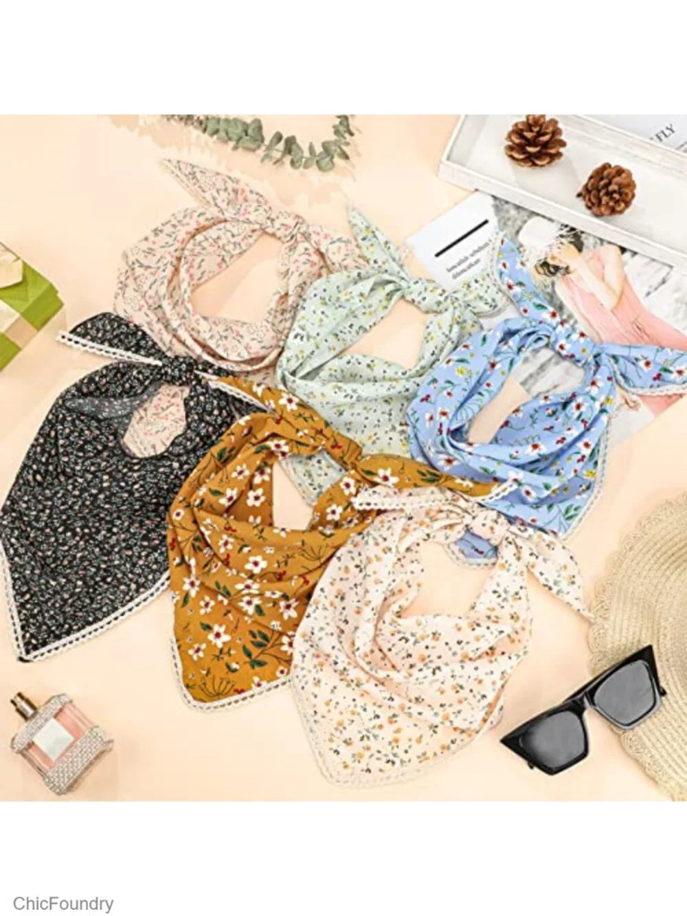 6 Pack Floral Chiffon Headband Hair Scarf Triangle Kerchief Boho Headwrap for